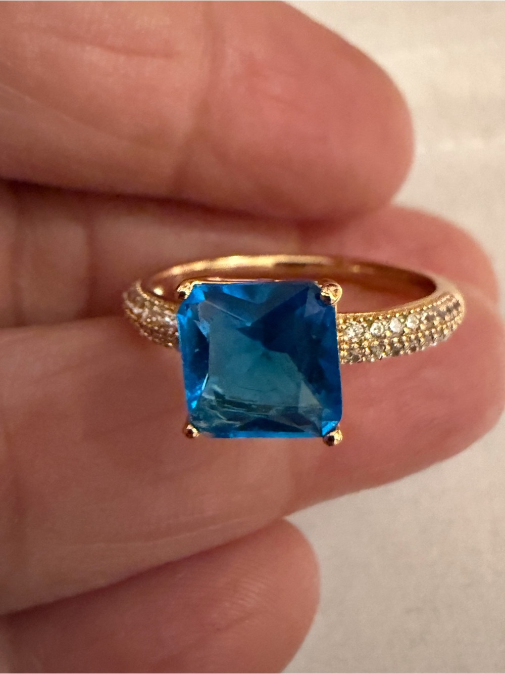 Gold Ring with Square Blue Gemstone and Pavé Accents